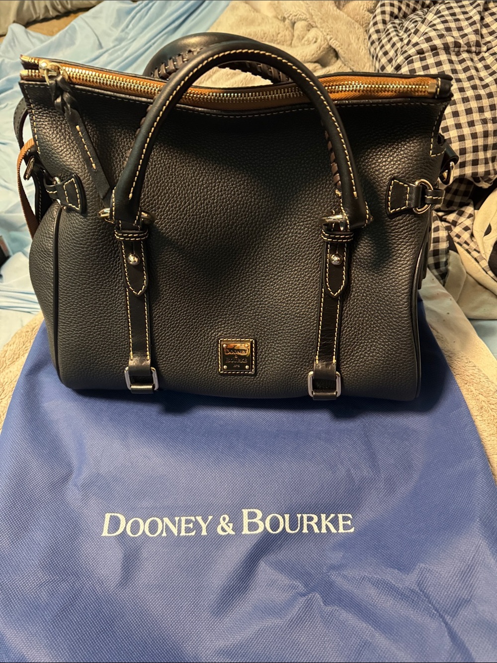Dooney & Bourke Black Pebbled Leather Satchel with Gold Hardware